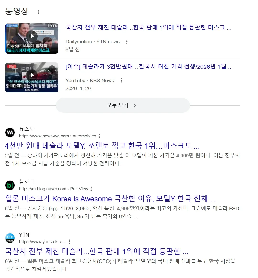 테슬라 모델Y 한국 판매 1위, 가격 인하 뉴스 검색 결과