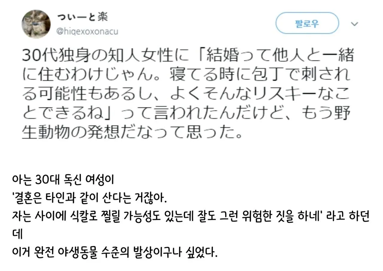 결혼을 극도로 위험하다고 보는 30대 독신여성의 의견을 풍자한 이미지