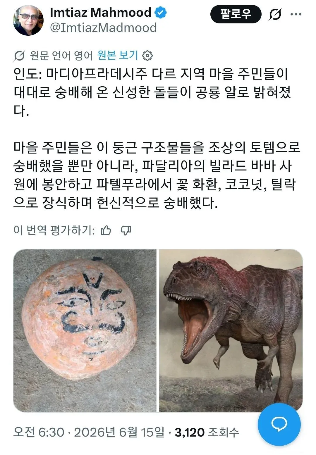인도 마을에서 신성하게 숭배되던 돌이 공룡 알로 밝혀진 사진