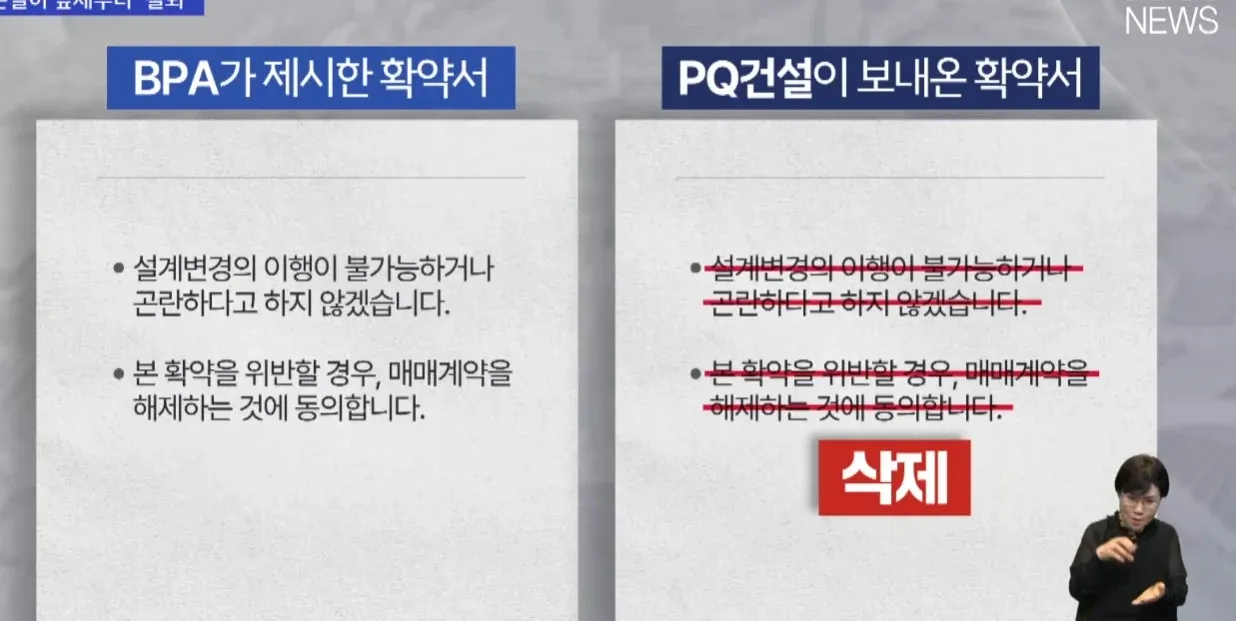 설계변경 불이행 시 매매계약 해제 동의를 명시한 BPA와 PQ건설 확약서 비교