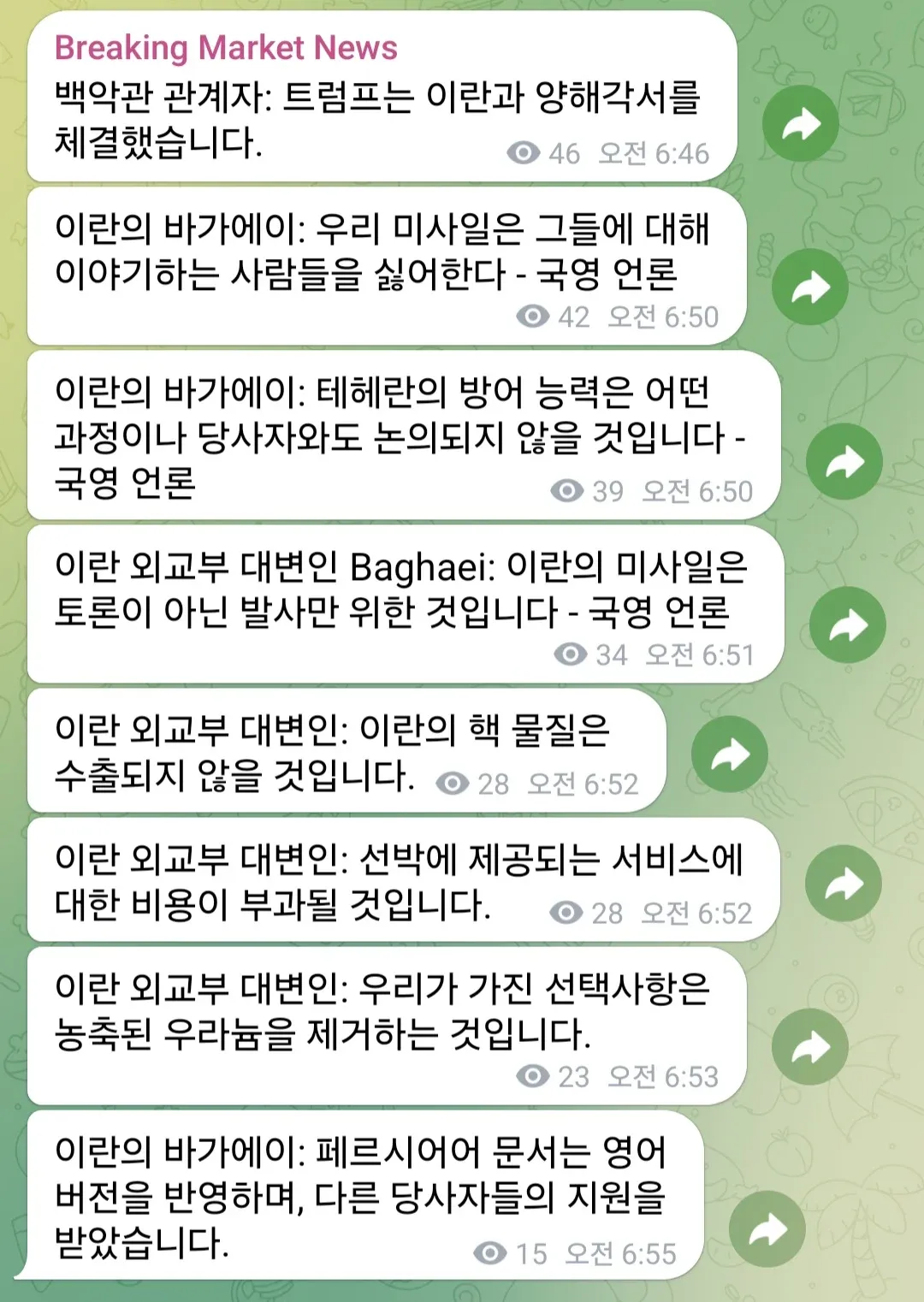 미국-이란 양해각서(MOU) 체결 관련 시장 속보