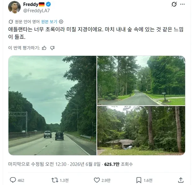 독일인 여행객의 애틀란타 자연 리뷰 번역 평가 화면