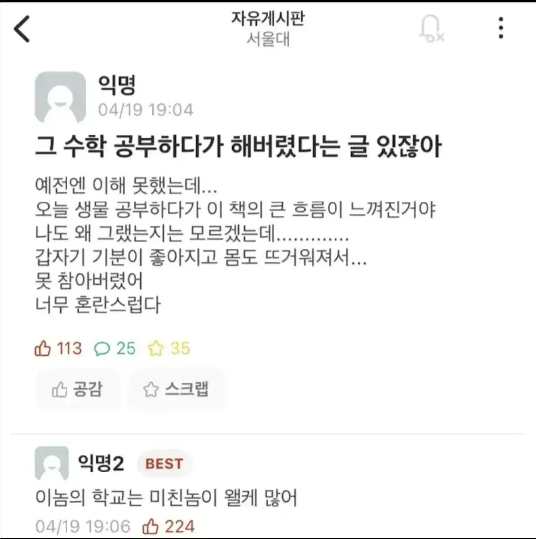 서울대 자유게시판 게시물과 댓글 스크린샷