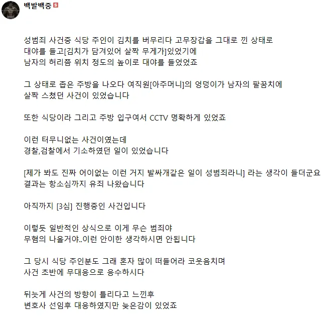 성범죄 사건 진행 과정과 주장을 담은 텍스트