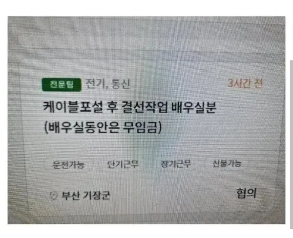 전기통신 케이블포설 단기장기근무 부산기장군 청년 채용공고
