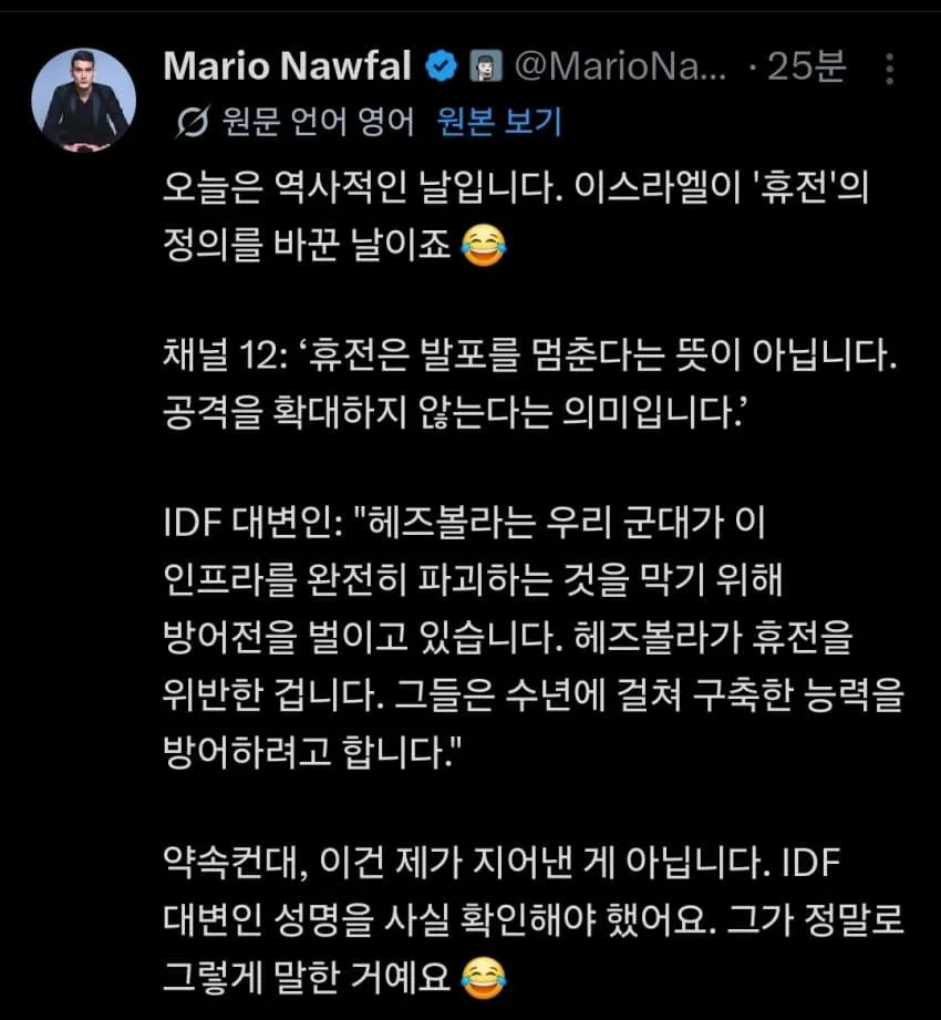 휴전 정의 재해석 풍자: 이스라엘 공식 성명 비판