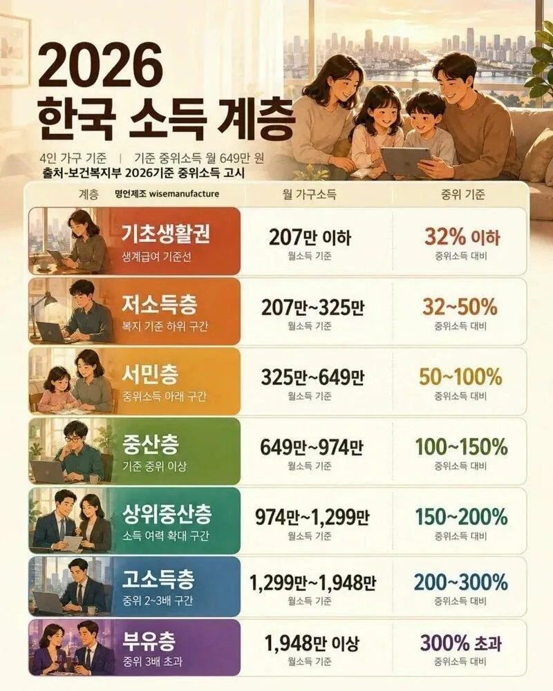 2026년 기준 중위소득별 한국 소득 7계층 분류표