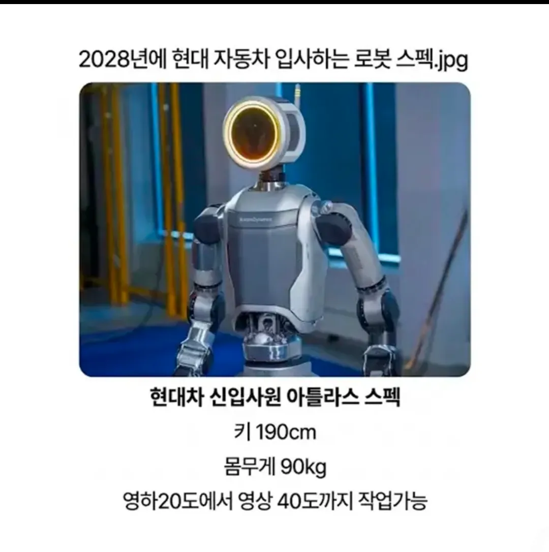 현대차 2028년 신입 로봇 아틀라스 스펙: 키 190cm, 몸무게 90kg