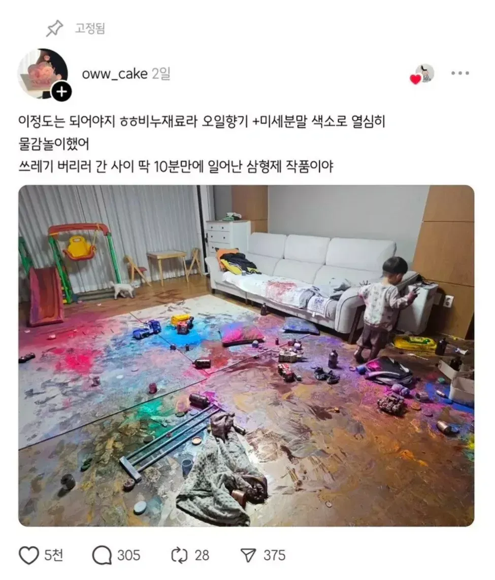 삼형제가 비누 재료와 색소로 집 안을 알록달록 칠한 모습