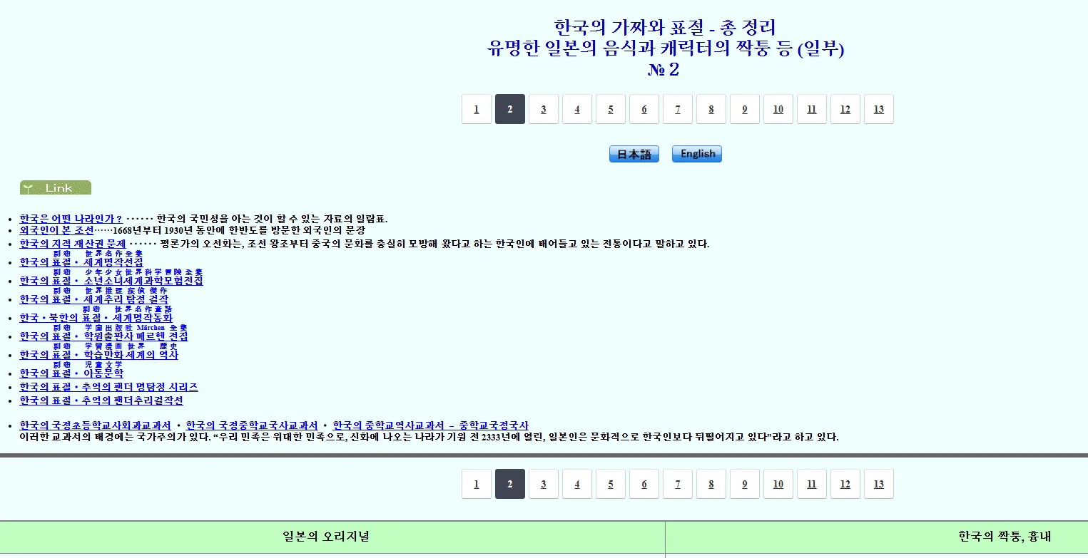 한국의 일본 문화 표절을 주장하는 옛 웹사이트 화면.