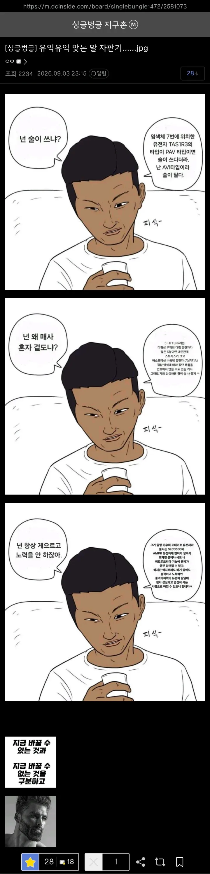 술이 쓴 유전자형이라며 혼자 술을 마시는 사람에게, 친구가 노력 부족을 지적하고 지금 바꿀 수 있는 것과 없는 것을 구분하라고 말하는 4컷 만화.