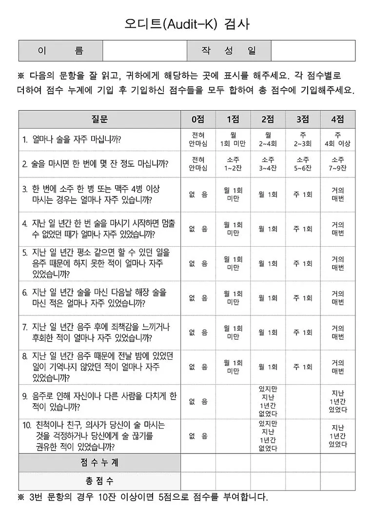 오디트(Audit-K) 음주 자가진단 설문지 양식