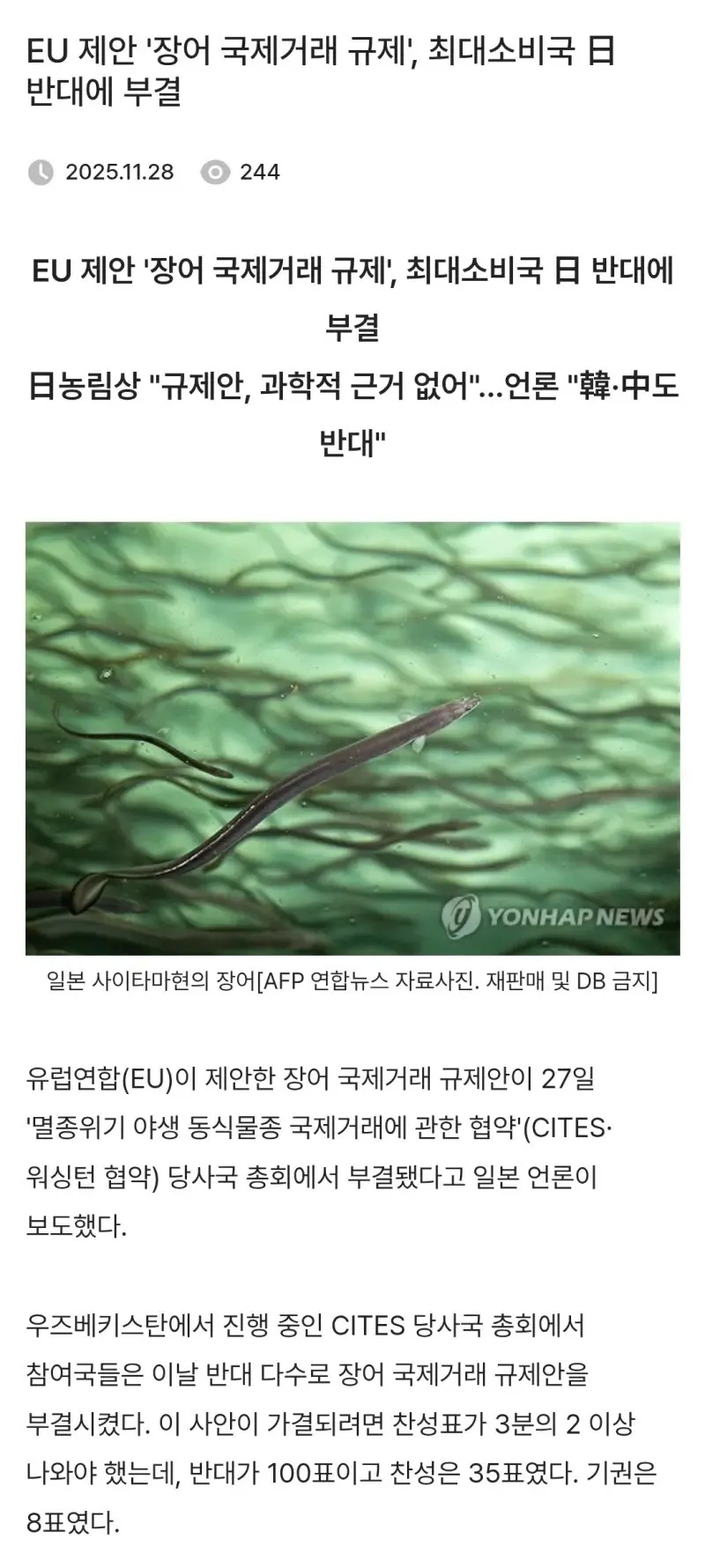 일본 사이타마현의 장어 모습
