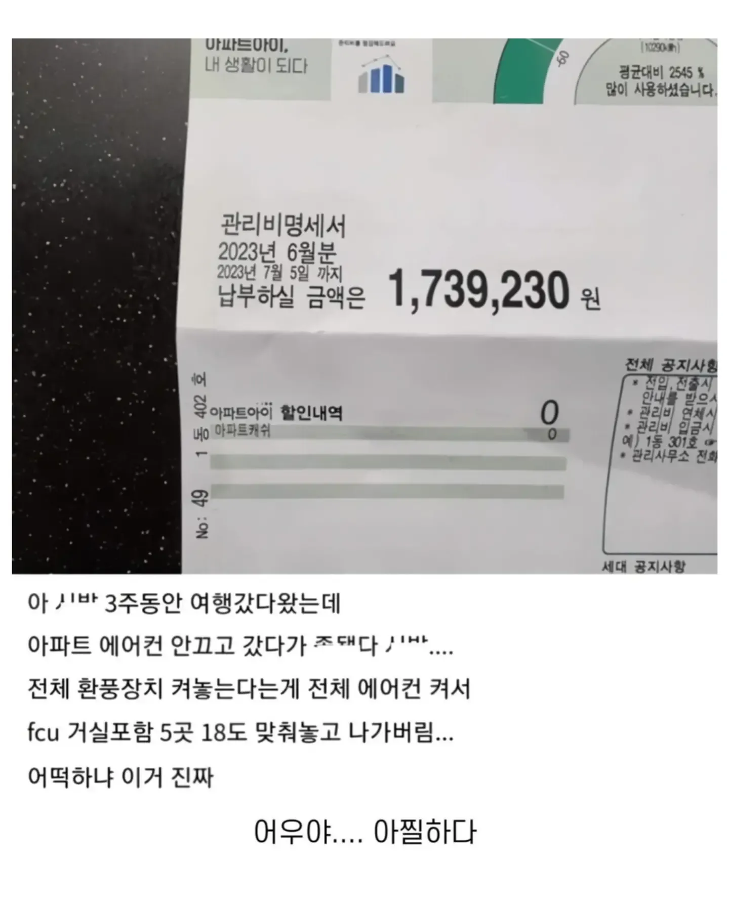 3주간 에어컨을 켜둔 뒤 관리비 173만9230원 고지서