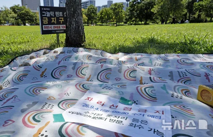 여의도 불꽃축제를 앞두고 돗자리가 줄지어 깔려 있다