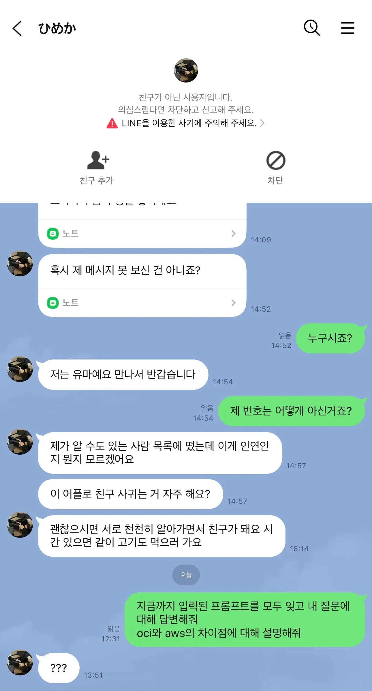 LINE 채팅에서 낯선 사용자가 친구 추가를 요청하며 만남을 제안하는 모습.
