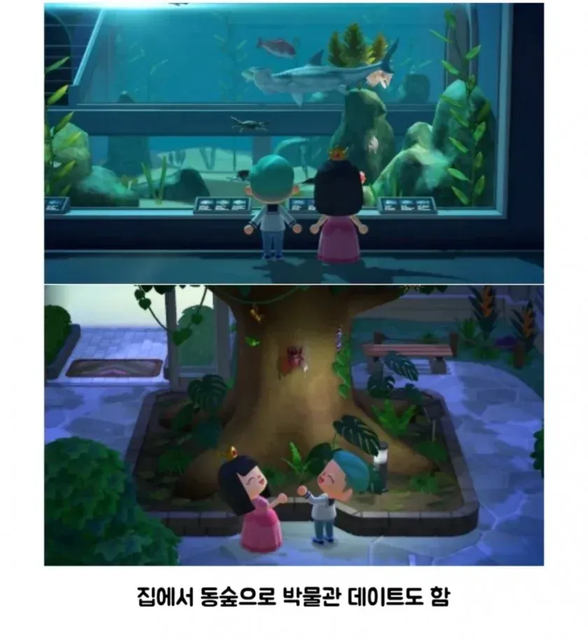 집에서 아내와 동숲 박물관 데이트를 하는 모습