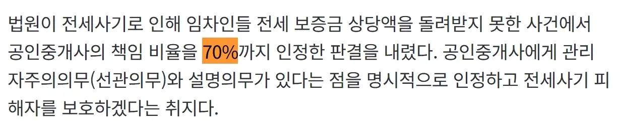 법원이 전세사기 사건에서 공인중개사의 책임 비율을 최대 70%까지 인정했다는 내용의 기사 제목 이미지.