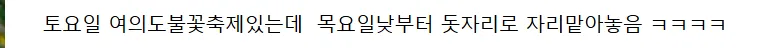 불꽃축제를 앞두고 여의도 한강공원에 목요일부터 돗자리를 깔아둔 모습