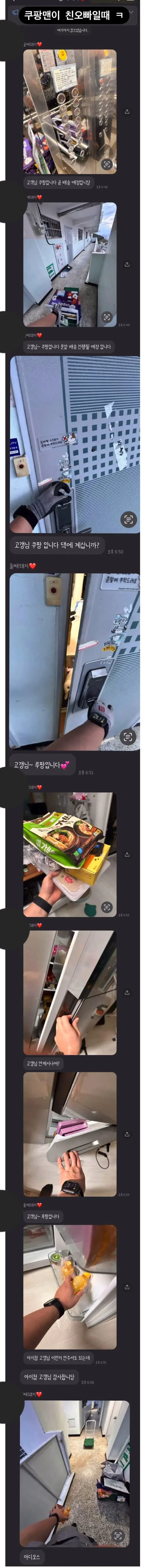친오빠가 쿠팡맨으로 배송을 오자 동생이 문밖에서 “고객님, 쿠팡입니다”라고 장난치며 응대하고, 서로 대화를 주고받는 상황을 담은 캡처 이미지.
