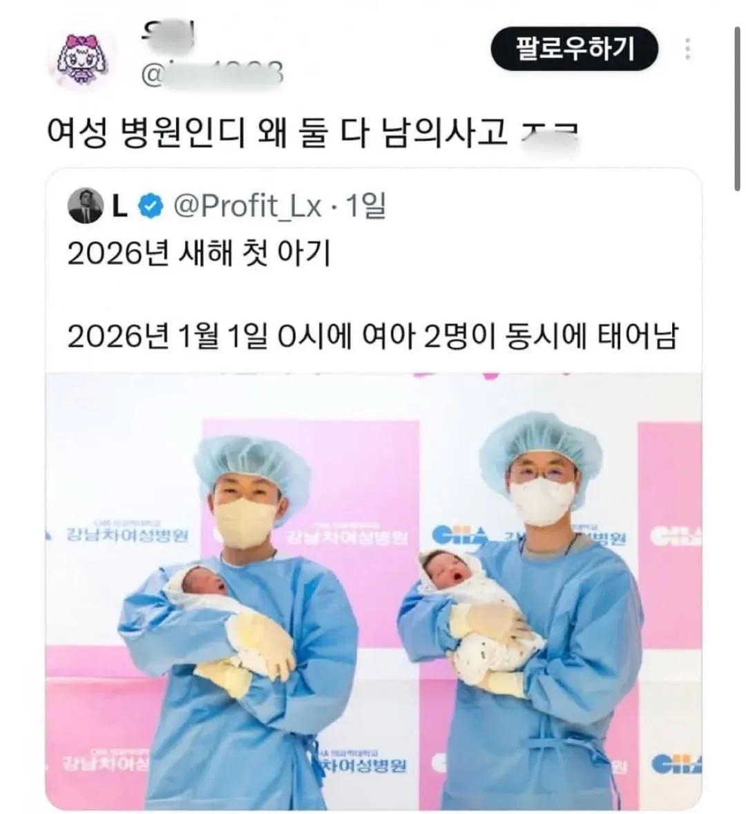 여성병원에서 여아 쌍둥이가 동시에 태어났다는 글과 남성 비하 댓글 화면