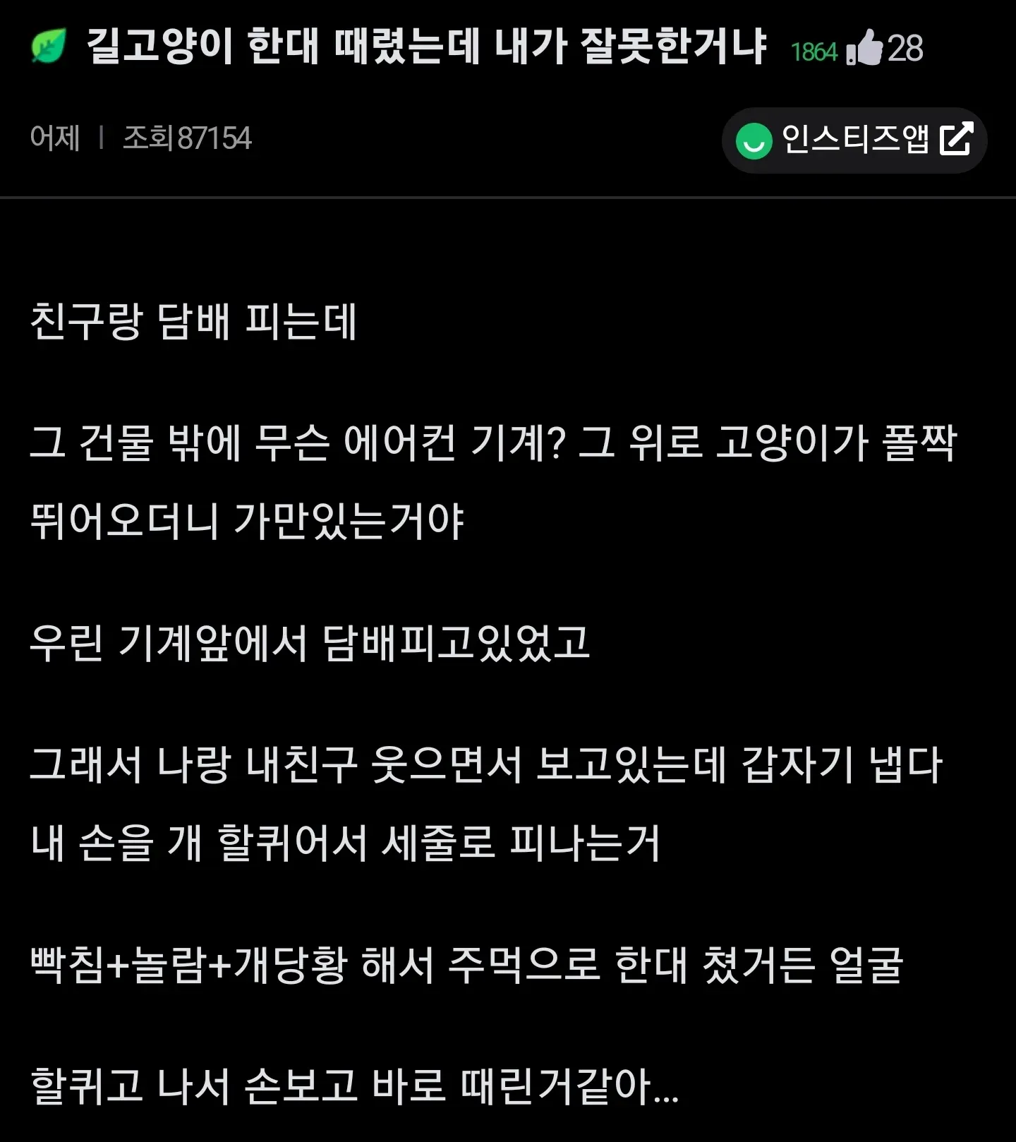 길고양이에게 손을 할퀴어 주먹으로 때린 일이 잘못인지 묻는 게시글