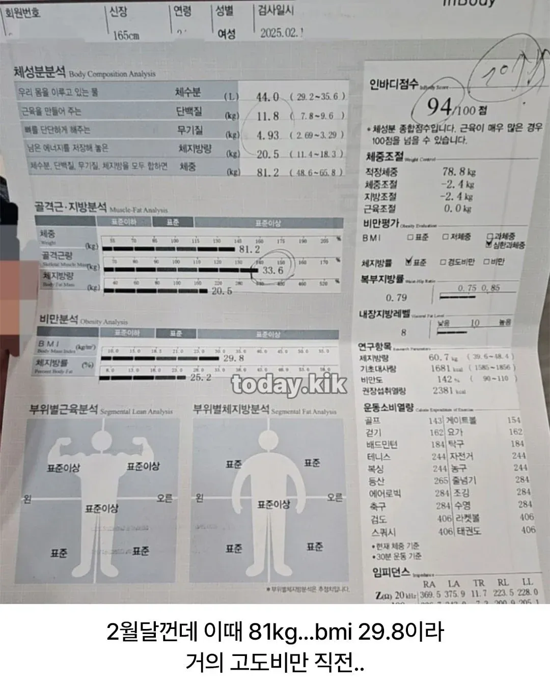 여성 인바디 결과표와 체성분 분석, 165cm·81kg·BMI 29.8로 비만 직전 상태를 보여줌