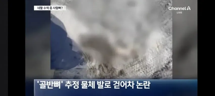 네팔 수색 중 사람 뼈로 추정되는 물체를 발로 걷어차는 모습