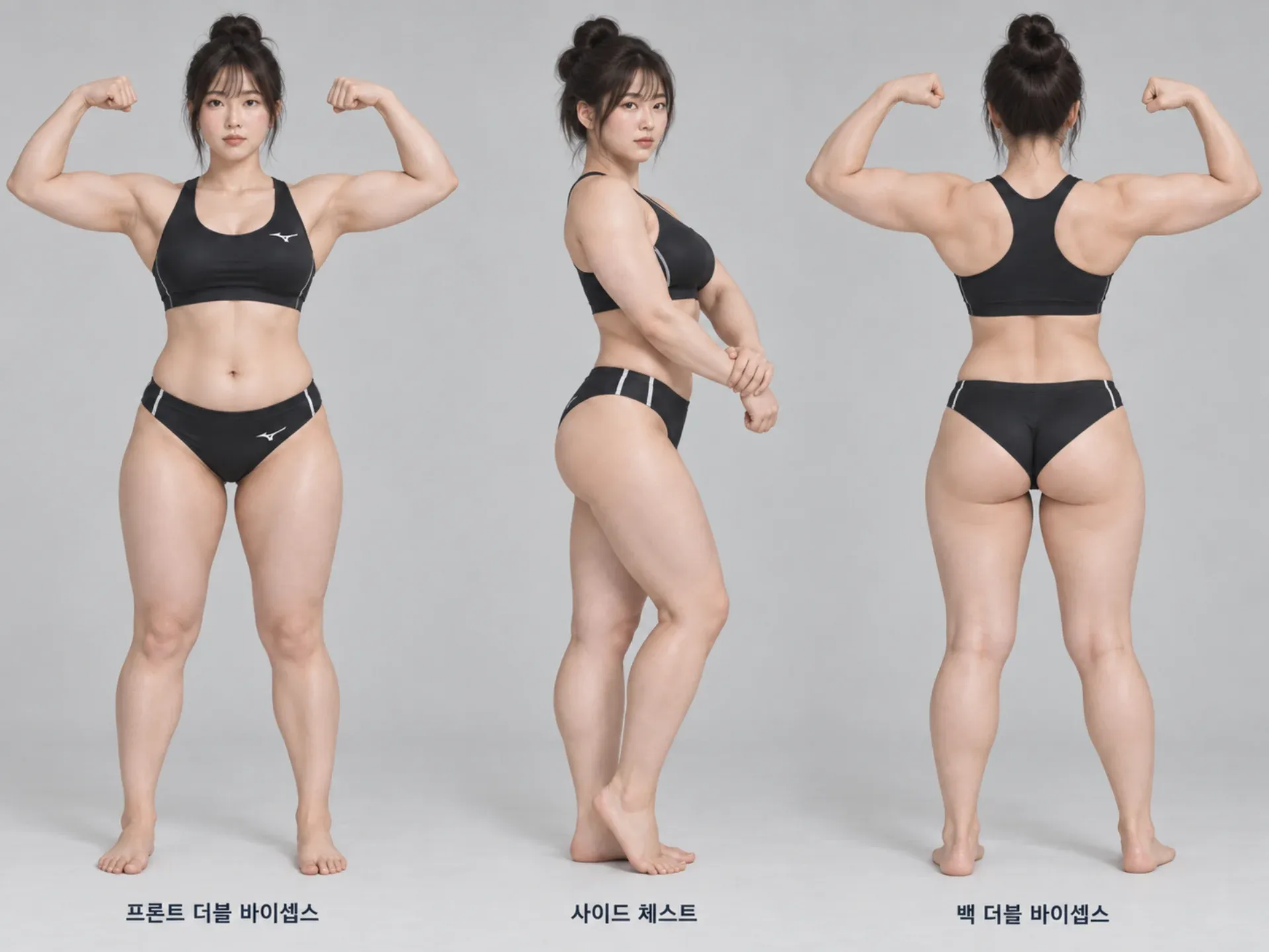 165cm·81kg 여성의 정면·측면·후면 근육 포즈 자세련