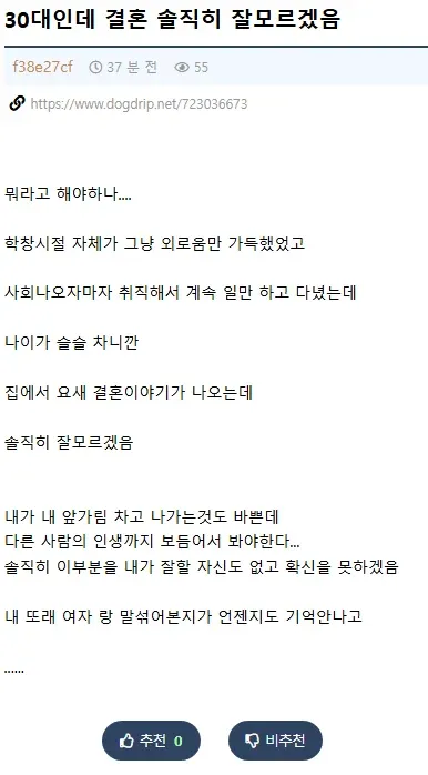 30대 남성이 결혼에 대한 부담과 자신감 부족을 솔직하게 털어놓는 글이 담긴 이미지. 학창 시절의 외로움, 직장 생활, 가족의 결혼 압박, 또래 여성과 대화한 지 오래됐다는 내용과