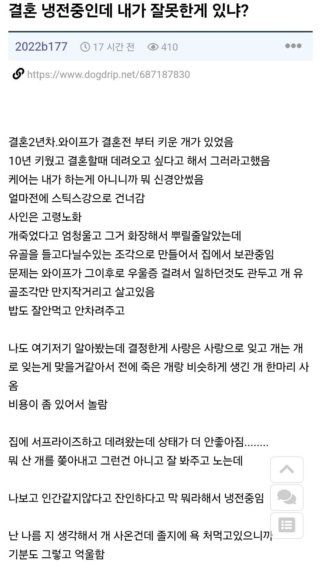 반려견을 잃고 우울증에 빠진 아내에게 남편이 비슷한 개를 데려오려 한 사연을 소개한 게시물