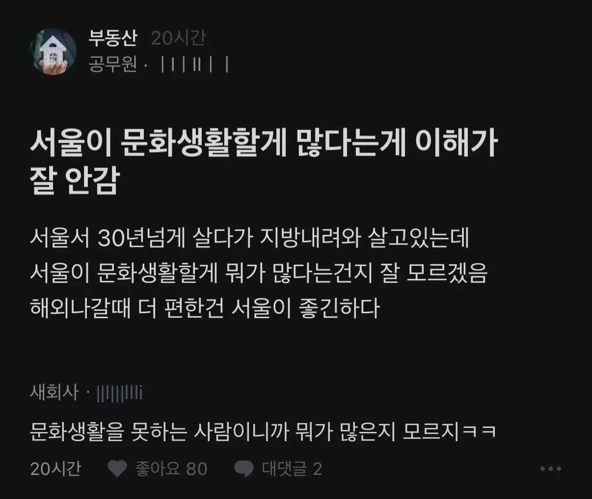 서울에 문화생활할 게 많다는 말이 이해 안 된다는, 서울 거주 30년 후 지방에 사는 사람의 댓글