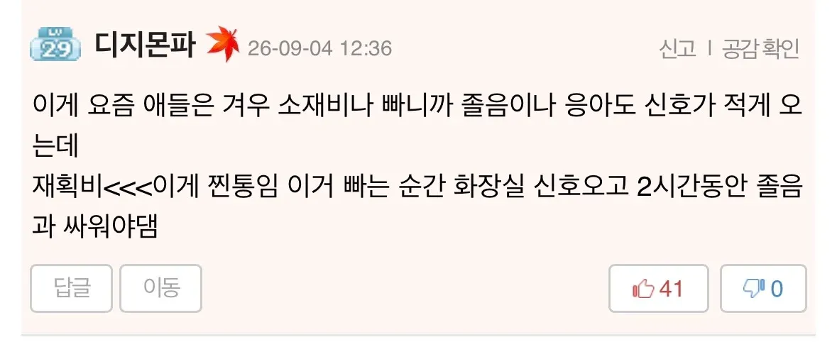 온라인 게임 게시글 “[메이플] 재획비 < 이게 온라인겜 역사상 최고의 아이템임”과 댓글이 보인다. 댓글에는 재획비를 마시면 졸음과 화장실 신호가 오며 두 시간 동안 지속된다는 내