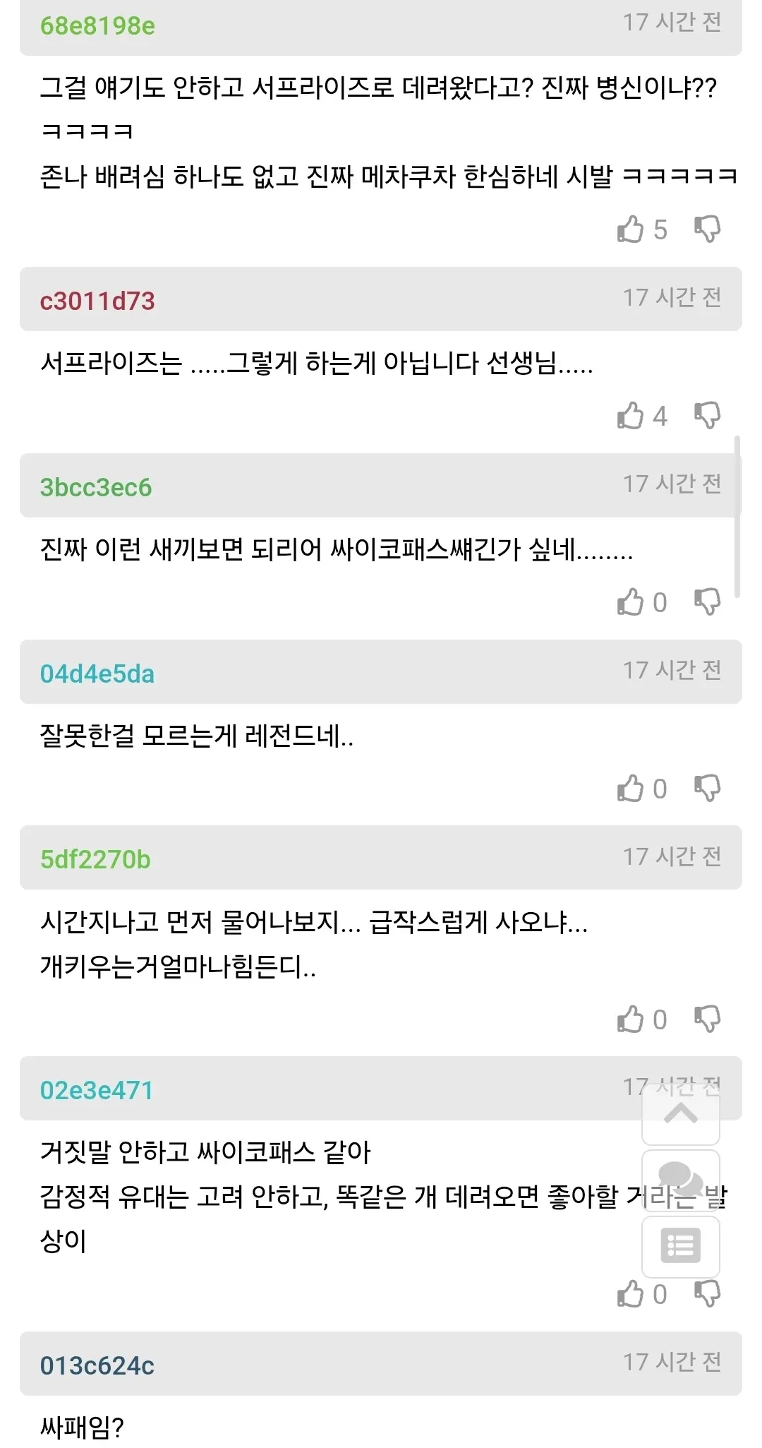 50대 남성이 반려견을 잃고 우울증을 겪는 아내에게 상의 없이 새 강아지를 데려와 서프라이즈로 선물하려 하자, 이를 비판하는 댓글이 달린 게시물.
