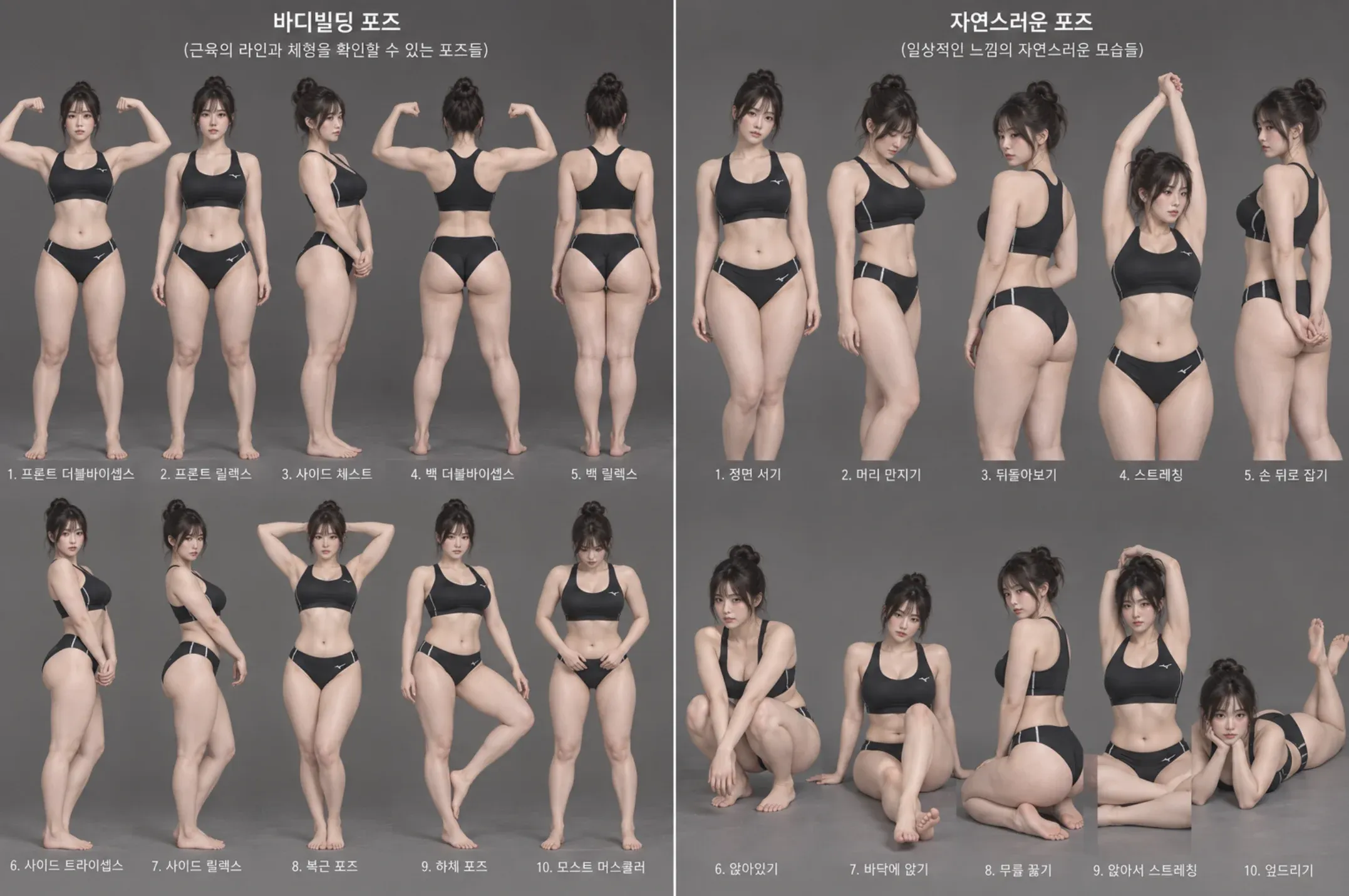1. 165cm, 81kg 여성의 전신 정면 바디빌딩 포즈, 자연스러운 체형과 근육 라인이 보이는 모습  
2. 165cm, 81kg 여성의 전신 측면 포즈, 어깨·등·허리 라인이