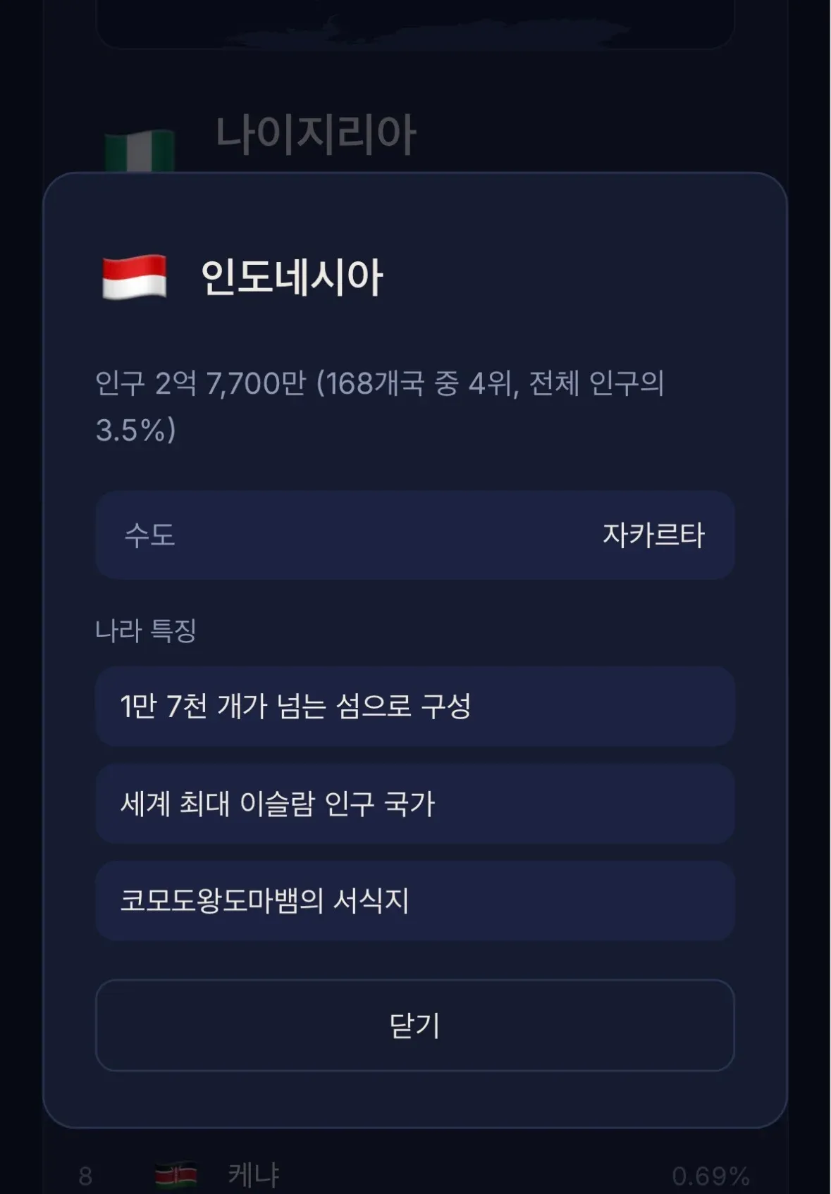 인도네시아 인구·수도·섬과 코모도왕도마뱀을 소개하는 화면