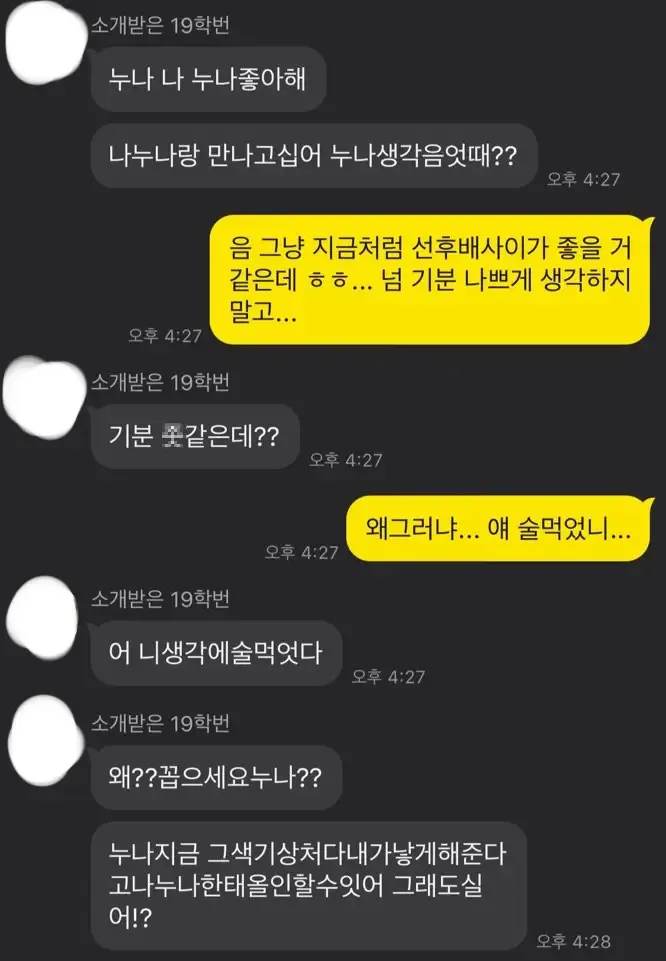 메신저 대화에서 연하남이 누나에게 고백하지만, 누나는 선후배 사이가 좋다며 거절한다.