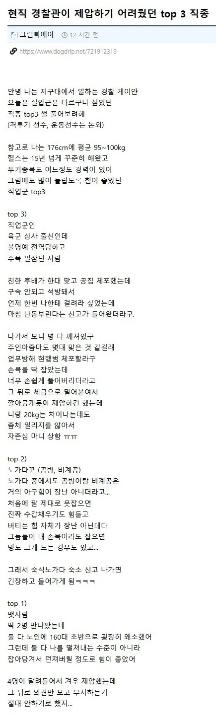 이미지 속 게시글에는 현직 경찰관이 제압하기 어려웠던 직종 TOP 3를 소개하며, 첫 번째 사례로 직업군인 출신 폭력 피의자와의 체포 상황을 설명하는 내용이 담겨 있다.