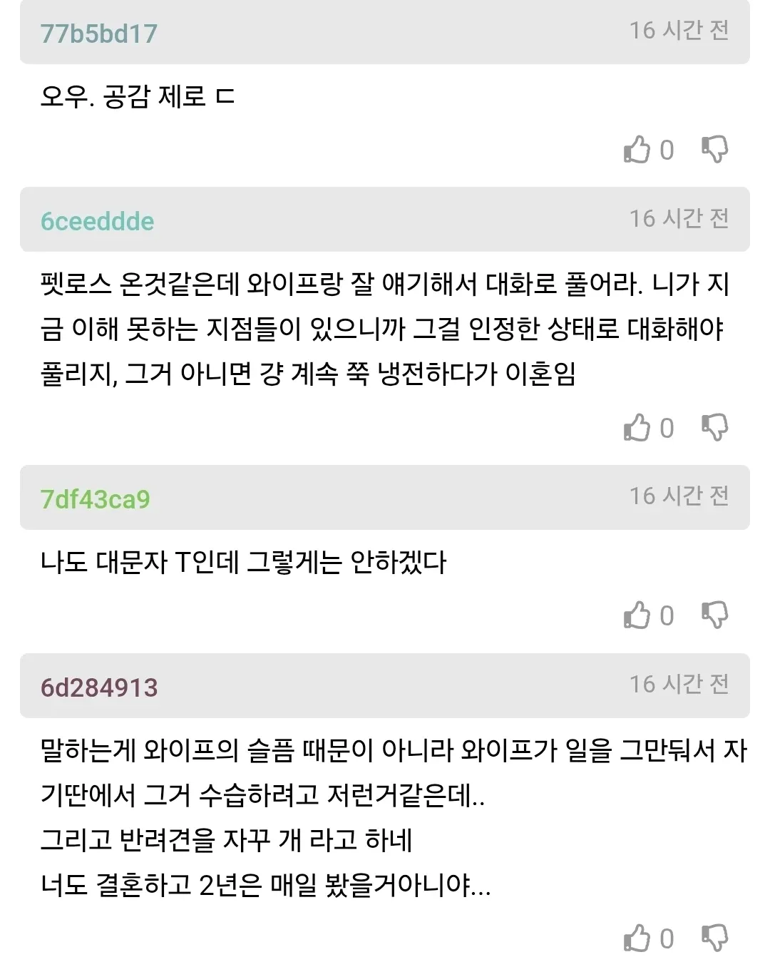 아내의 반려견 사망 후 우울증에 대화로 대처하라는 조언글