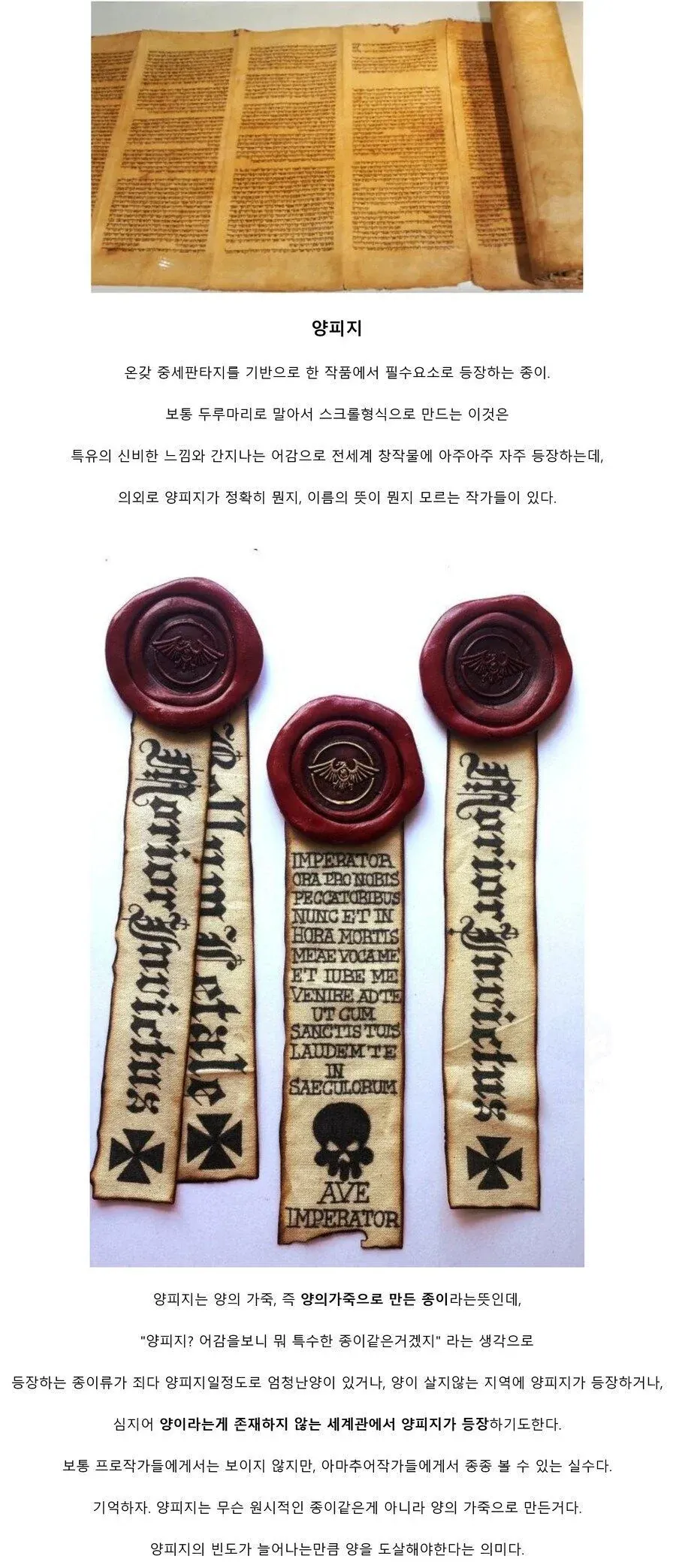 판타지 작품에 자주 등장하는 양피지의 의미와 초보 작가들이 저지르는 설정 오류를 설명하는 글 이미지.