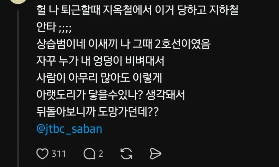alt="지하철 2호선 성추행 피해를 호소하는 SNS 게시물 화면"