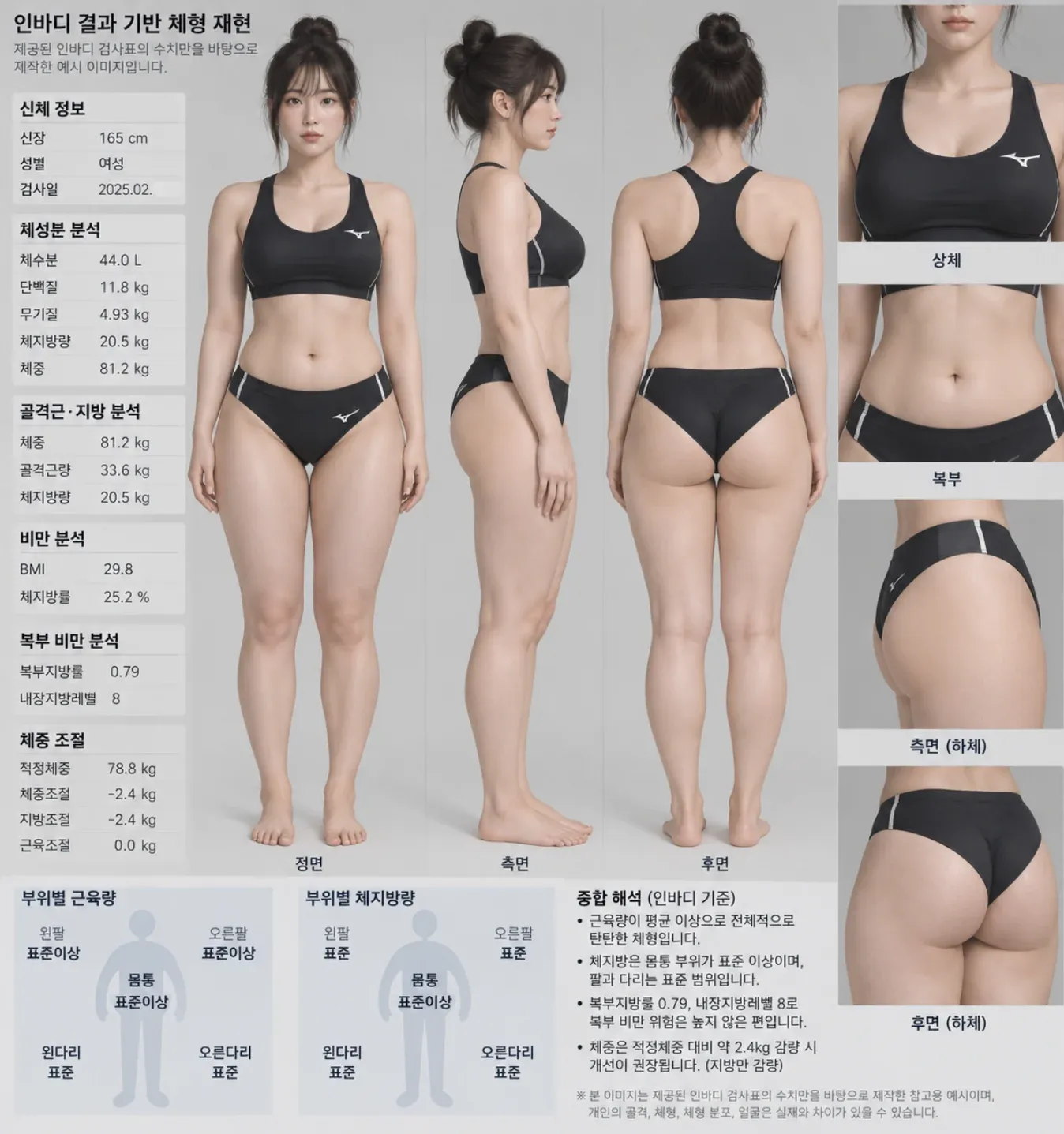 50대 여성의 체형 재현 이미지: 키 165cm, 체중 81.2kg, BMI 29.8, 근육량이 평균 이상인 탄탄한 체형으로 정면·측면·후면 모습을 보여준다.