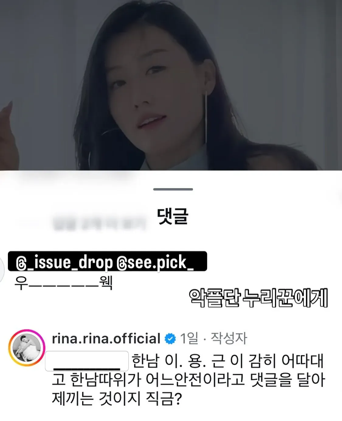 인스타그램 게시물에 남성 비하성 댓글이 달린 모습