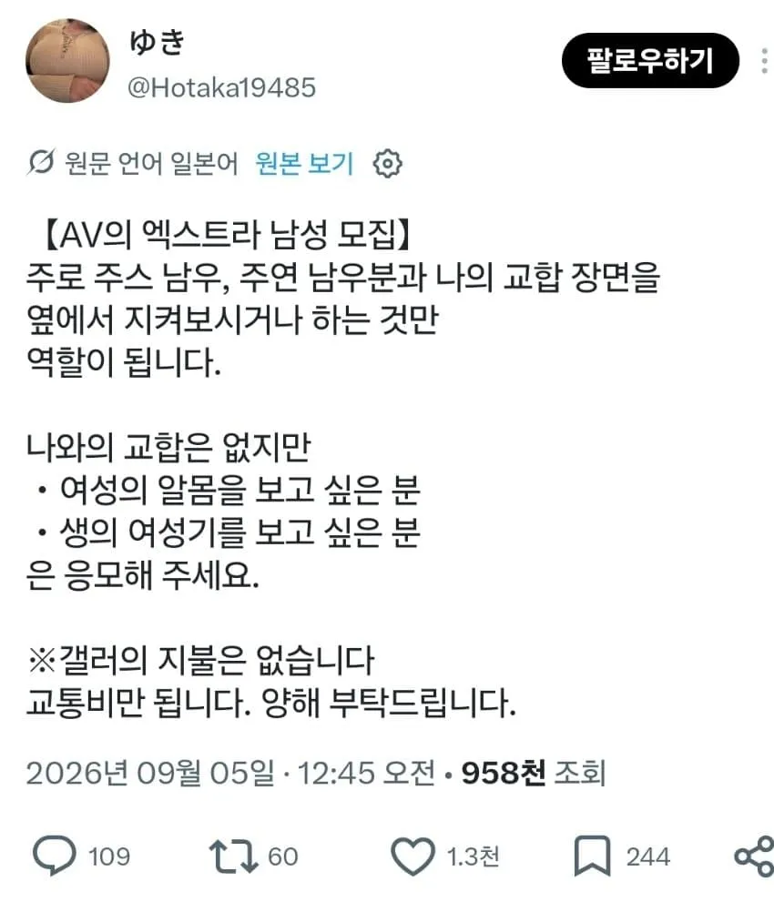 일본 성인 영상 남성 엑스트라 모집 공고. 주로 주연 남배우와 여성의 성행위를 옆에서 지켜보는 역할이며, 여성의 나체와 성기를 보고 싶은 사람을 모집한다고 안내한다. 본인과의 성행