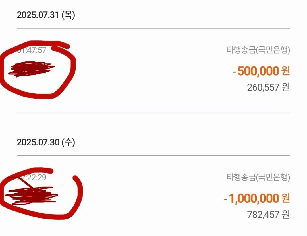 2025년 7월 30~31일 타행 송금 내역 화면