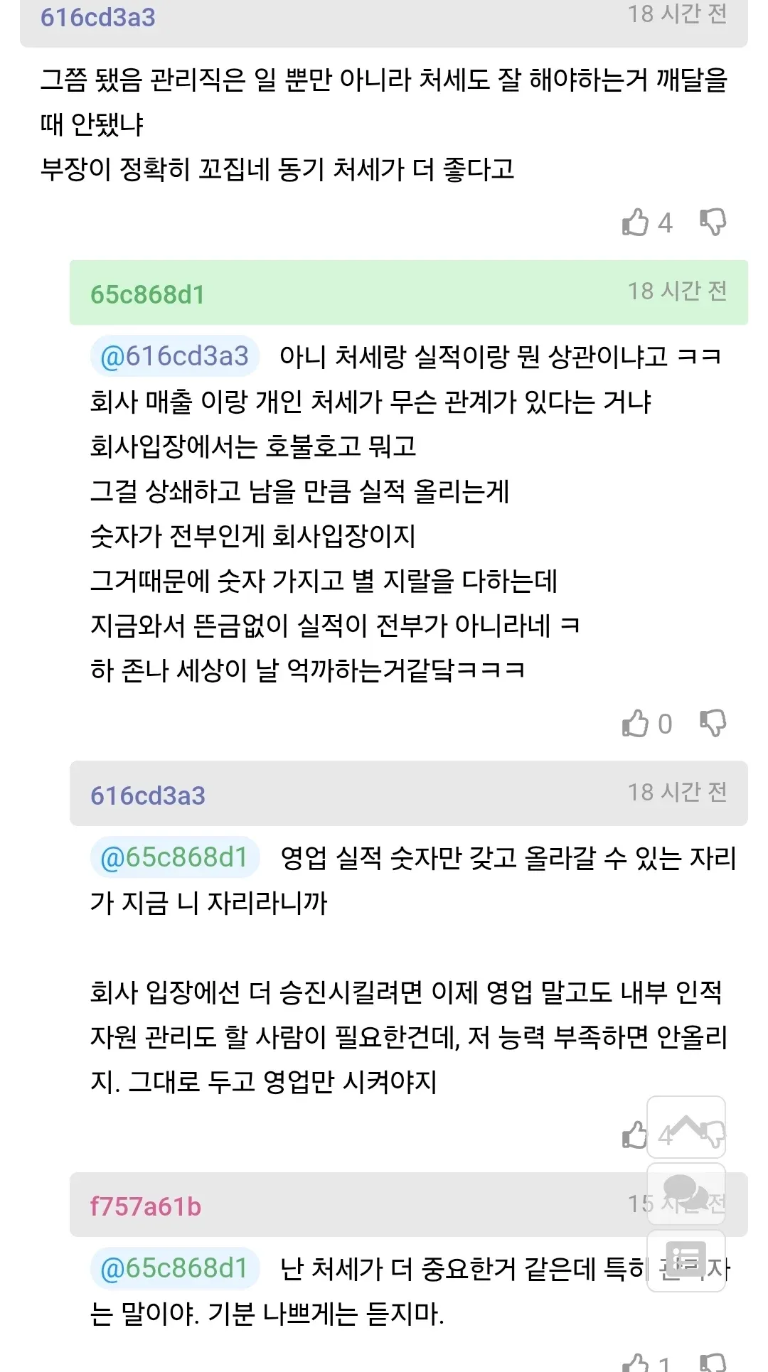 차장 진급 탈락 직원이 실적과 태도 평가의 부당함을 호소하는 댓글 캡처