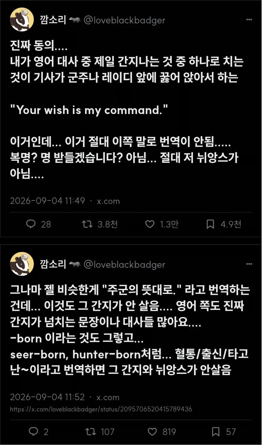 영어 표현의 간지를 한국어로 옮기기 어렵다는 글 캡처