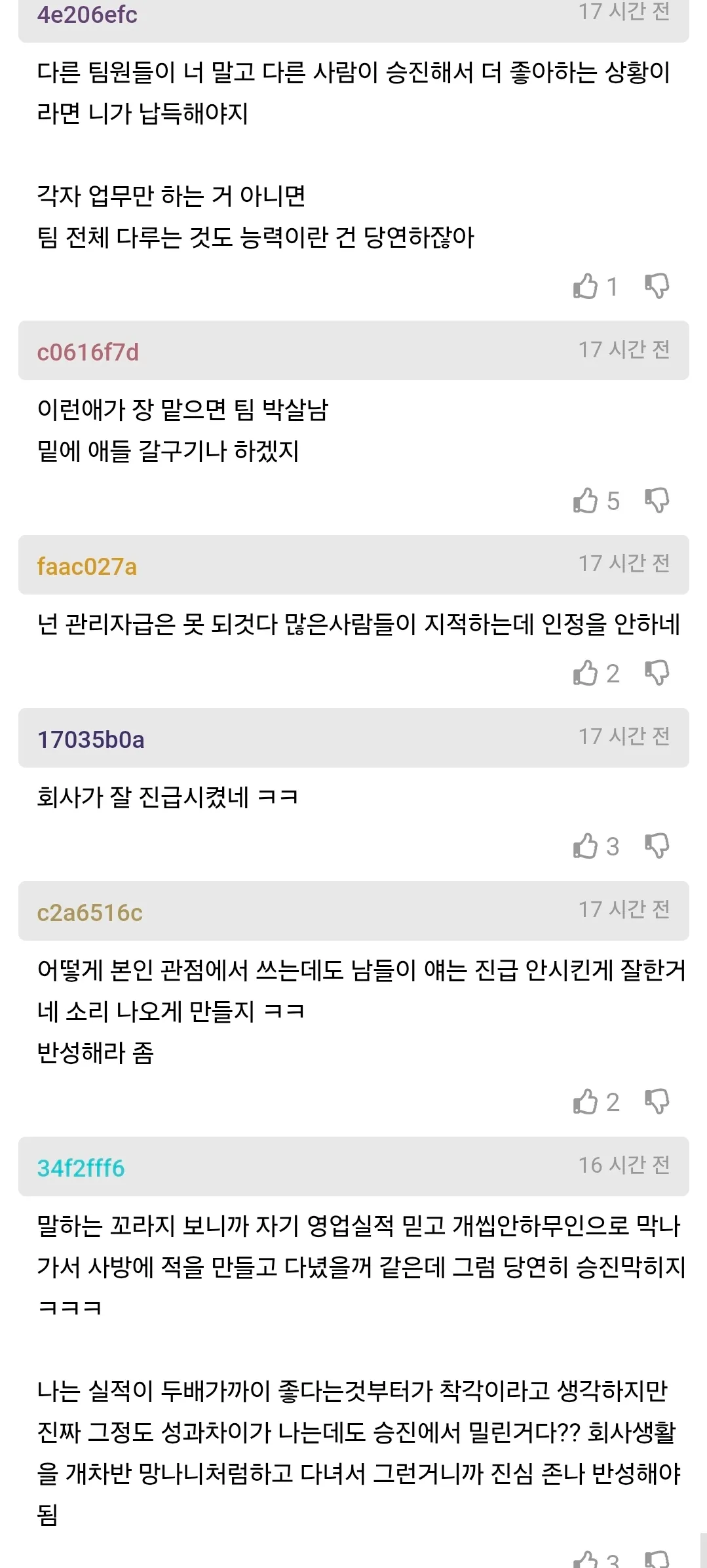 차장 진급에서 탈락한 직장인이 자신의 영업 실적과 승진 누락에 대해 불만을 토로하자, 다른 팀원들이 그의 독선적인 태도와 관리 능력 부족을 지적하는 온라인 댓글 모음.