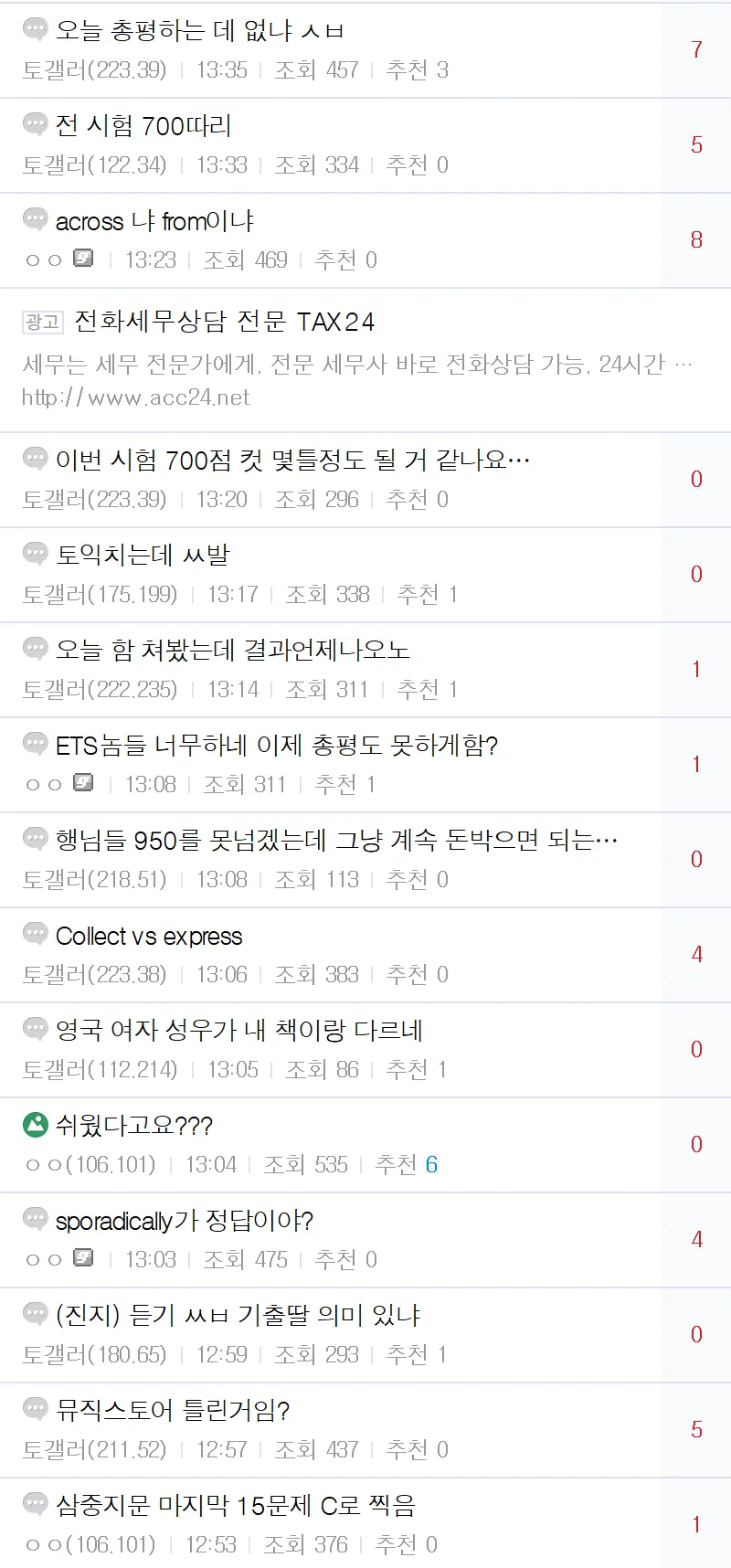 토익 총평과 시험 문제 복원이 막힌 상황에 관한 온라인 커뮤니티 게시글 목록 화면.