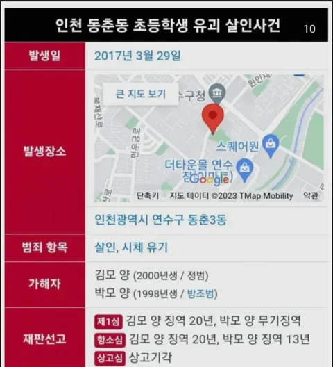 인천 초등학생 유괴 살인 사건의 발생 정보와 가해자 형량, 출소까지 남은 기간을 소개한 사건 요약 이미지
